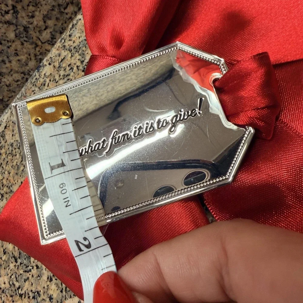 Neiman Marcus Red Satin Bow Bauble Medium Silver Tone Tag Christmas Gift Wrap